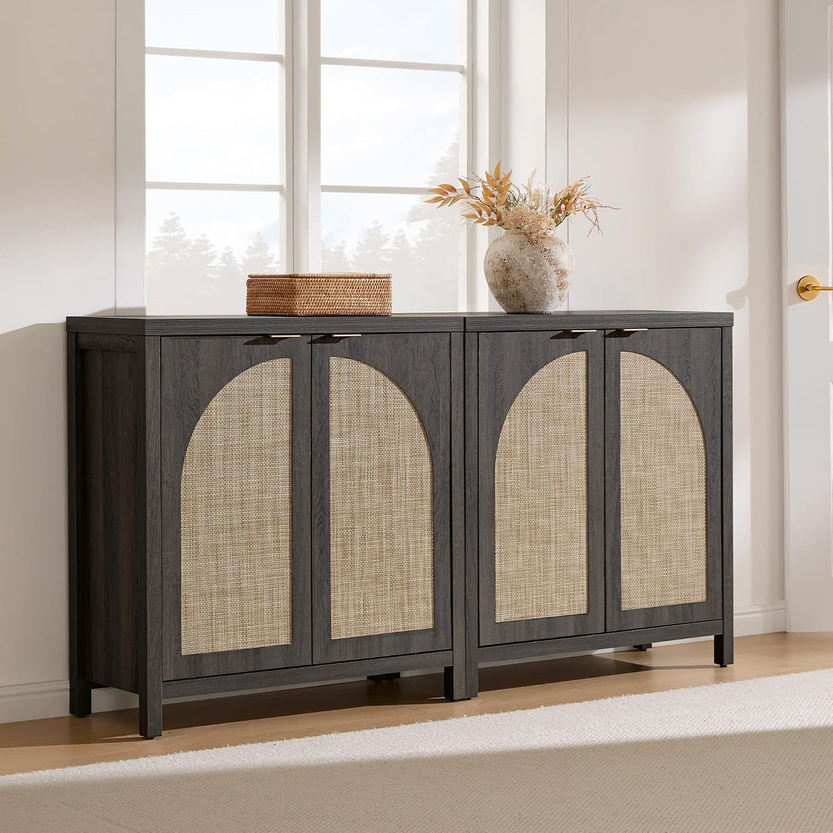 SICOTAS 68" W Rattan Sideboard Buffet Cabinet with Storage Set of 2, Modern Credenza with Arch Doors & Shelves, Boho Coffee Bar Media Console Cabinets for Kitchen, Living Room, Entryway, Black Oak