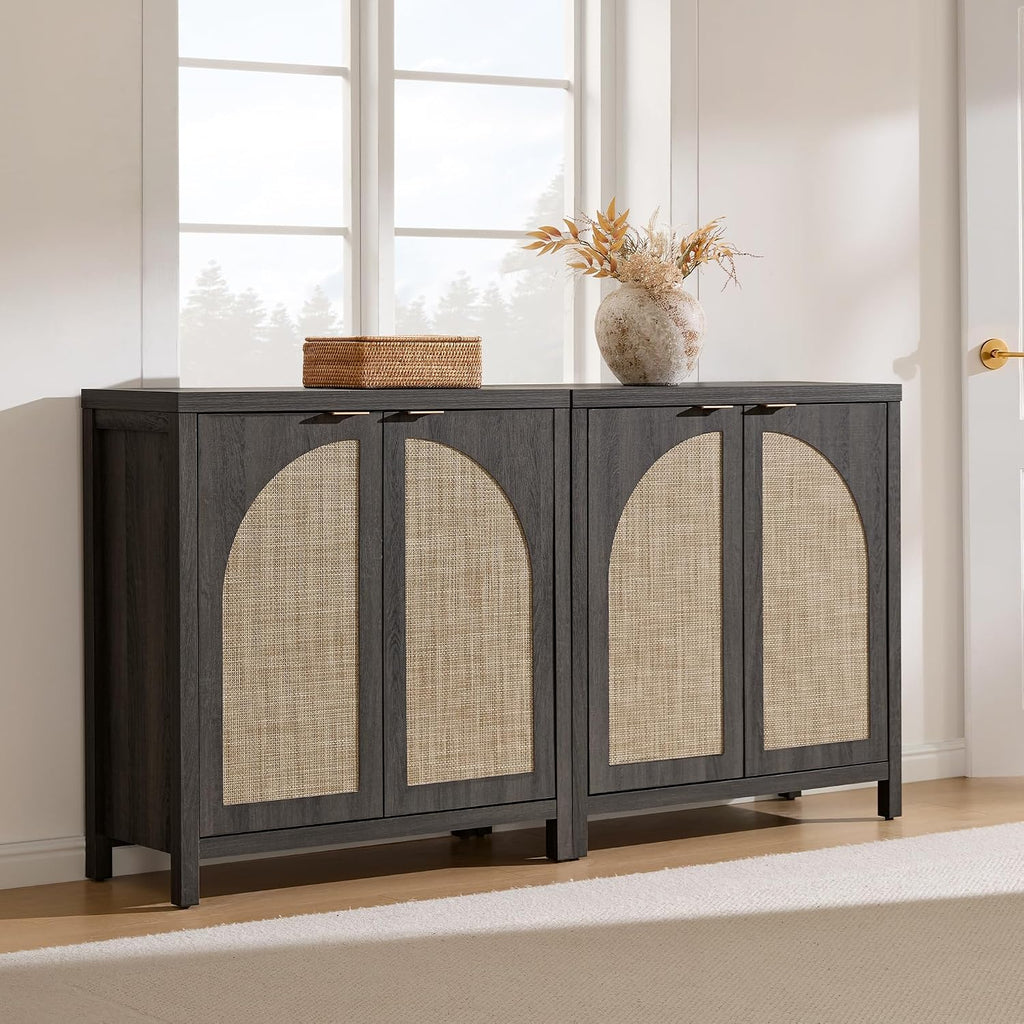 SICOTAS 102"W Rattan Sideboard Buffet Cabinet Set of 3, Modern Credenza Storage Cabinet with Arch Doors & Shelves, Boho Coffee Bar Media Console Cabinets for Kitchen, Living Room, Entryway, Black Oak