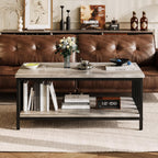 Homeiju Coffee Table for Living Room with Slatted Sides Frame, Modern Farmhouse Living Room Table with 2-Tier Storage Shelf for Home Office, Apartment, Grey Wash, 39 inch
