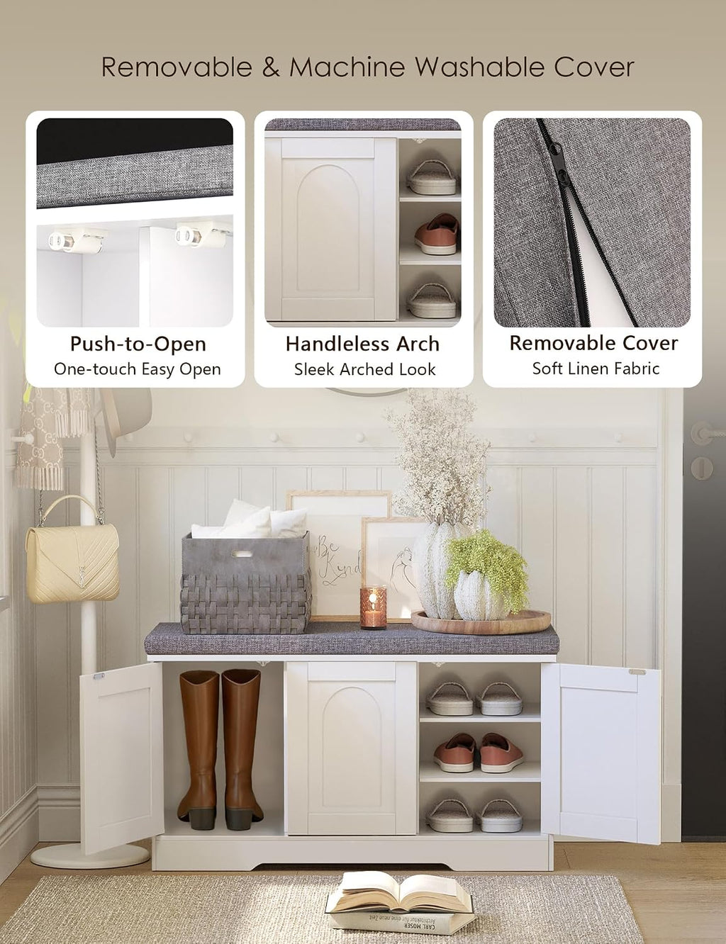 DINZI LVJ Shoe Bench, Entryway Storage Bench with Doors, Cushion, 3-Tier Shoe Rack with 9-Cubby, 39.4" L x 13.8" W Shoe Organizer Cabinet, Fully Adjustable Shelves, Living Room, Bedroom, White