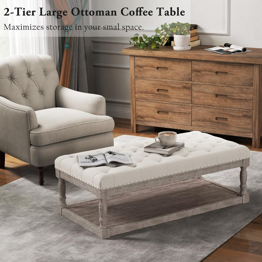 Ottoman Coffee Table, Large Rectangle Ottoman with Storage - Upholstered Cushioned Bench for Living Room, Tufted Linen Fabric with Solid Wood Shelf, Entryway Bench (Beige)