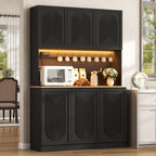 71" Black Kitchen Pantry with Power Outlet, Kitchen Hutch with LED Light | Tall Modern Buffet Cabine with Countertop, Large Food Pantry Storage with Adjustable Shelf for Dining Room (Black 6 Doors)