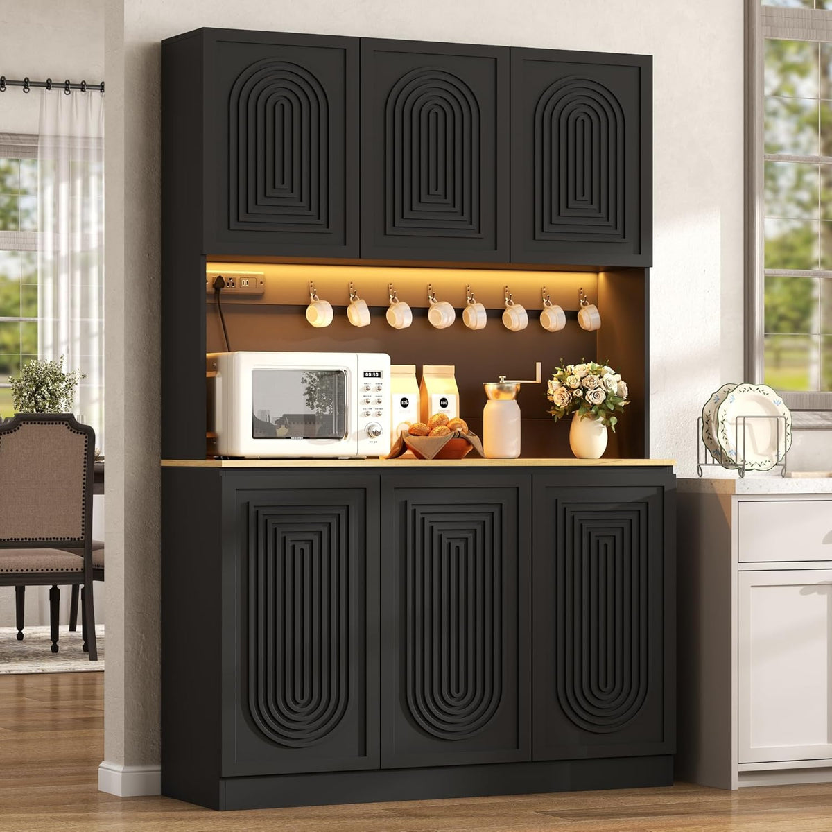 71" Black Kitchen Pantry with Power Outlet, Kitchen Hutch with LED Light | Tall Modern Buffet Cabine with Countertop, Large Food Pantry Storage with Adjustable Shelf for Dining Room (Black 6 Doors)