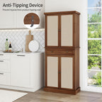 72" Kitchen Pantry Cabinet with Rattan Doors, Tall Pantry Storage Cabinet with 4 Adjustable Shelves & Large Central Drawer, Boho Cupboard for Kitchen, Dining Room, Living Room, Walnut