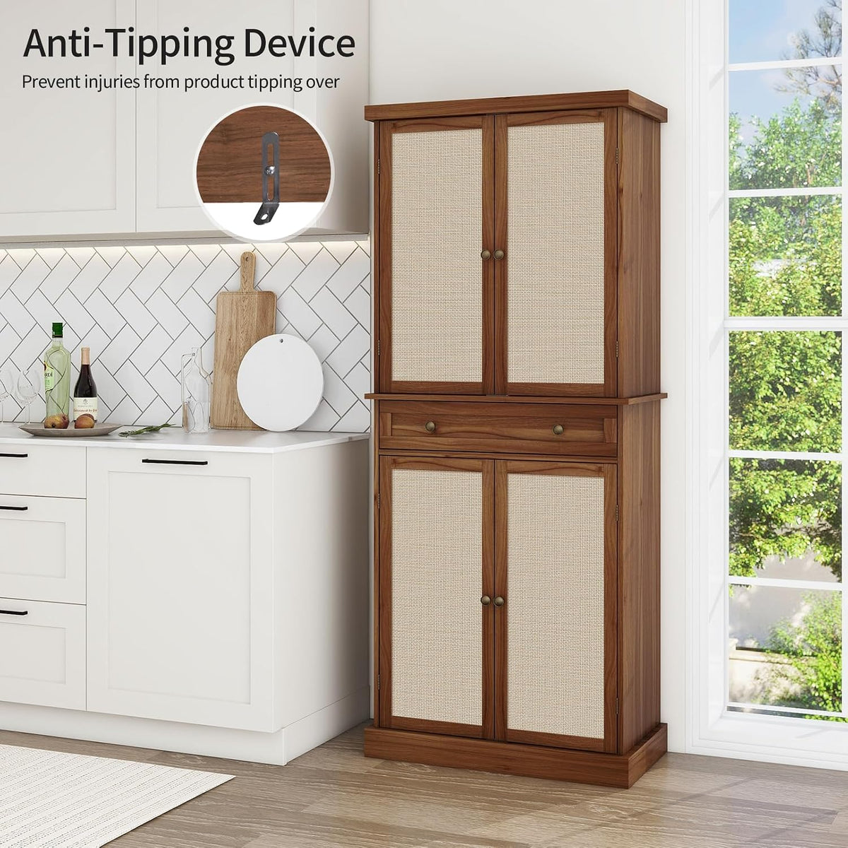 72" Kitchen Pantry Cabinet with Rattan Doors, Tall Pantry Storage Cabinet with 4 Adjustable Shelves & Large Central Drawer, Boho Cupboard for Kitchen, Dining Room, Living Room, Walnut