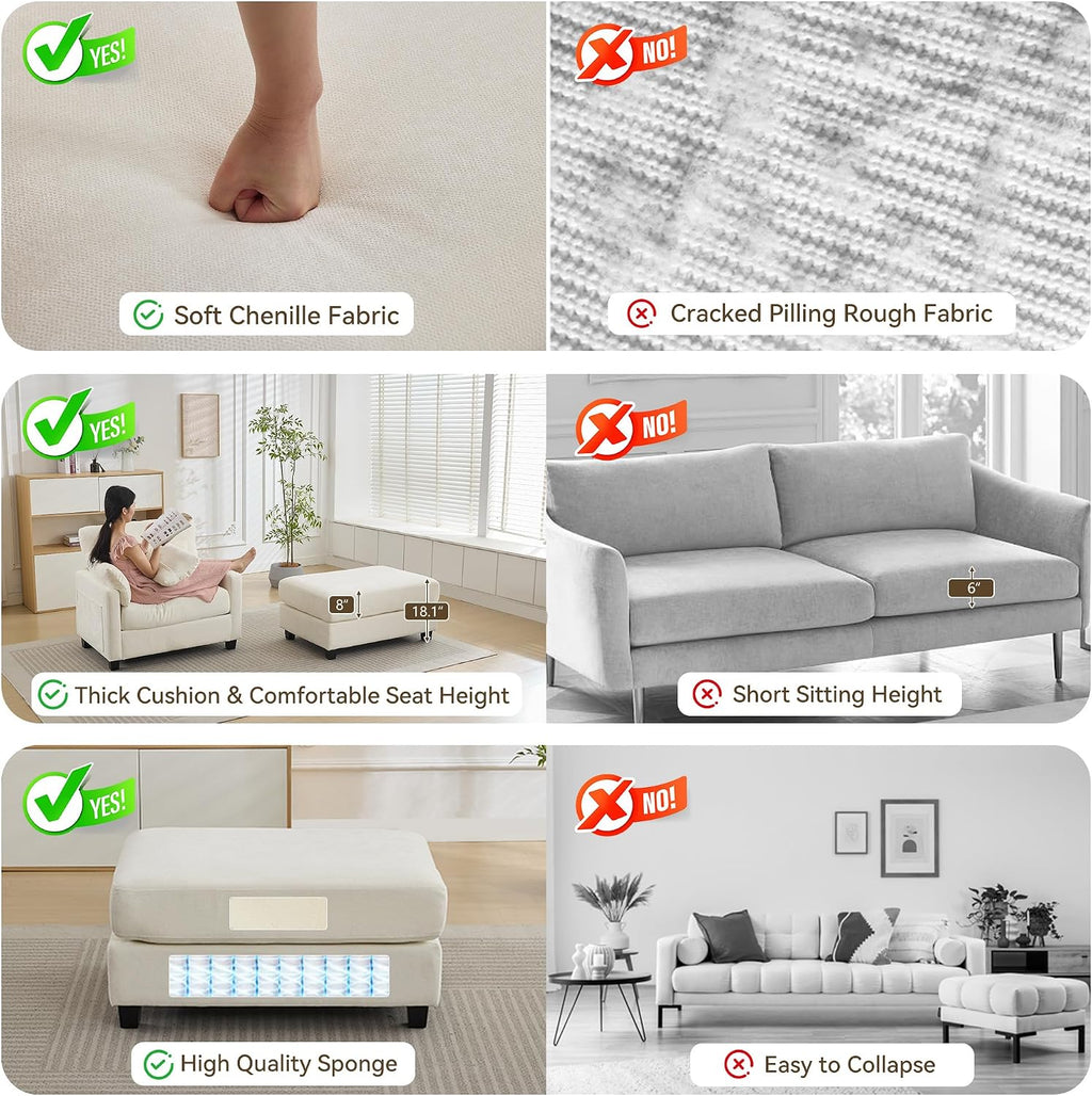 WUTUTUEE 57.5" Oversized Chaise Lounge with Ottoman Indoor, White Reading Chair with Ottoman & Sofa Bed, Chenille Upholstered Comfy Sleeper Chair for Living Room, Bedroom, Office