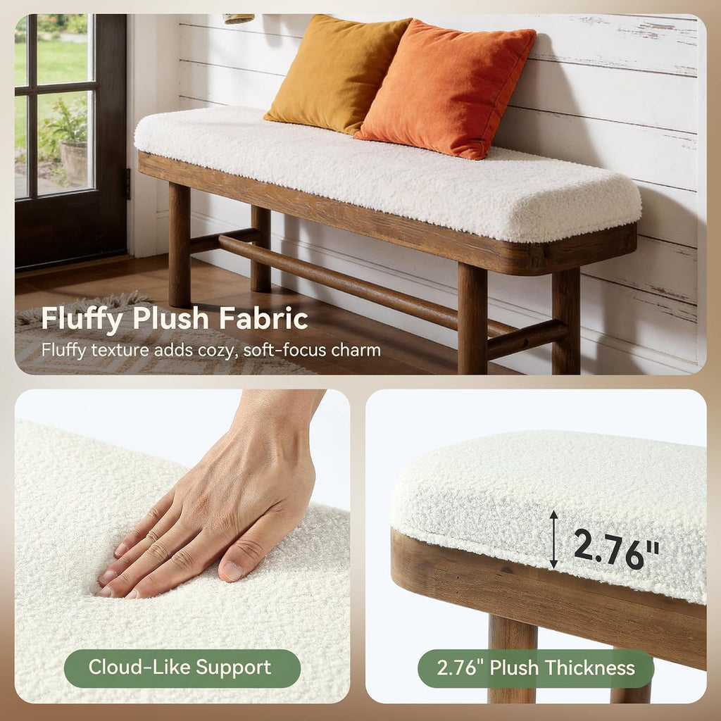 55-Inch Solid Wood Entryway Bench, Rustic Upholstered Bench, Modern Dining Bench with Cushion for Entryway, Dining Room, Mudroom, Porch, Easy Assembly, White & Brown