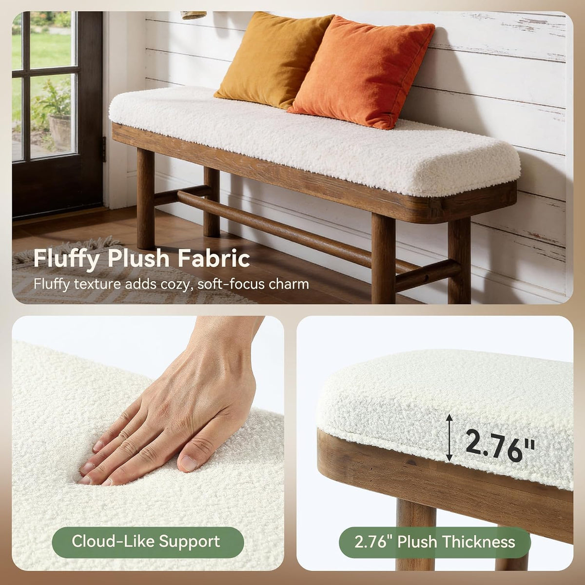 55-Inch Solid Wood Entryway Bench, Rustic Upholstered Bench, Modern Dining Bench with Cushion for Entryway, Dining Room, Mudroom, Porch, Easy Assembly, White & Brown