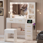 TOKSOM Makeup Vanity with Lights & Charging Station, White Vanity Table with 5 Drawers & Open Storage Shelves, Bedroom Makeup Dressing Table Set for Women Girls