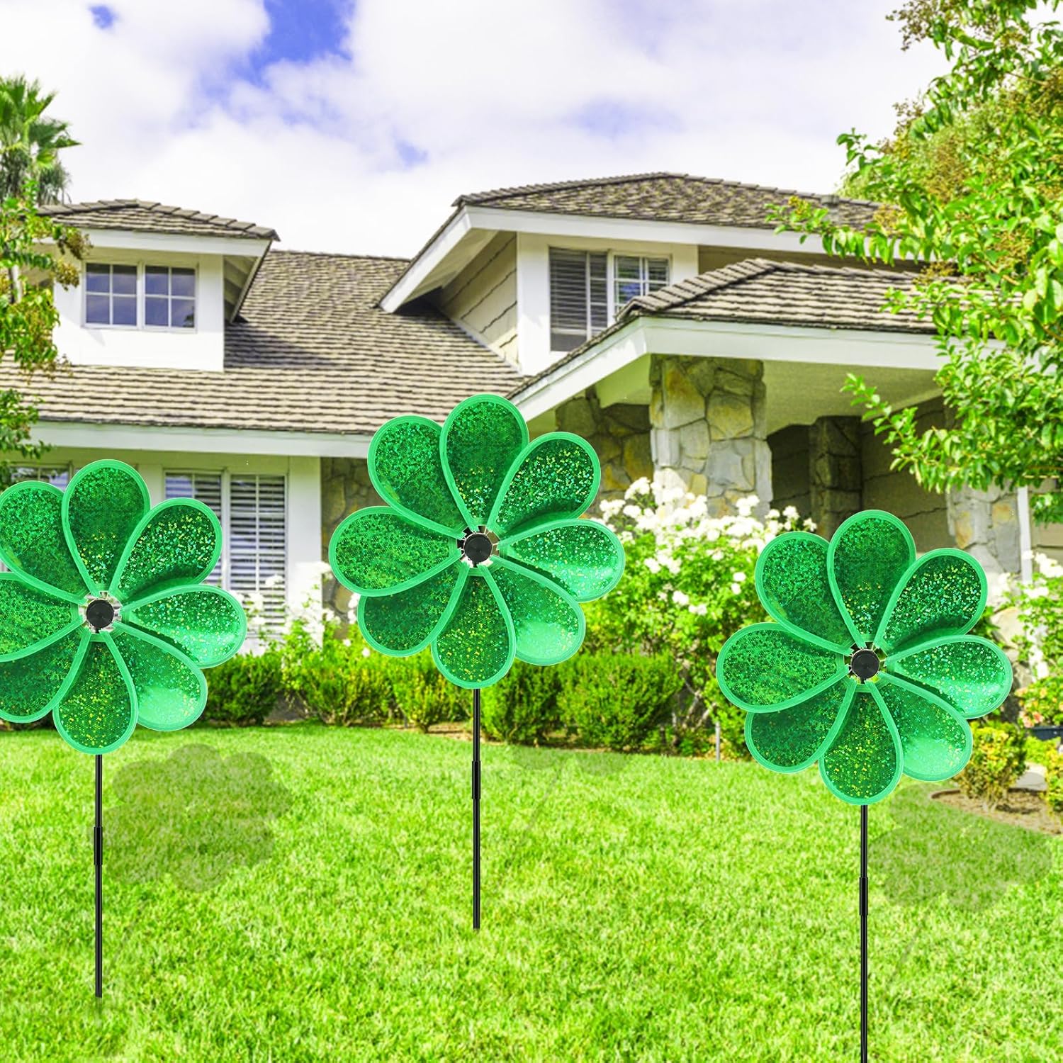 4PCS Flower Wind Spinner Sparkly Lawn Pinwheel 11.8 inch Green Garden Windmill for Christmas Garden, Party, Outdoor,Yard Decor