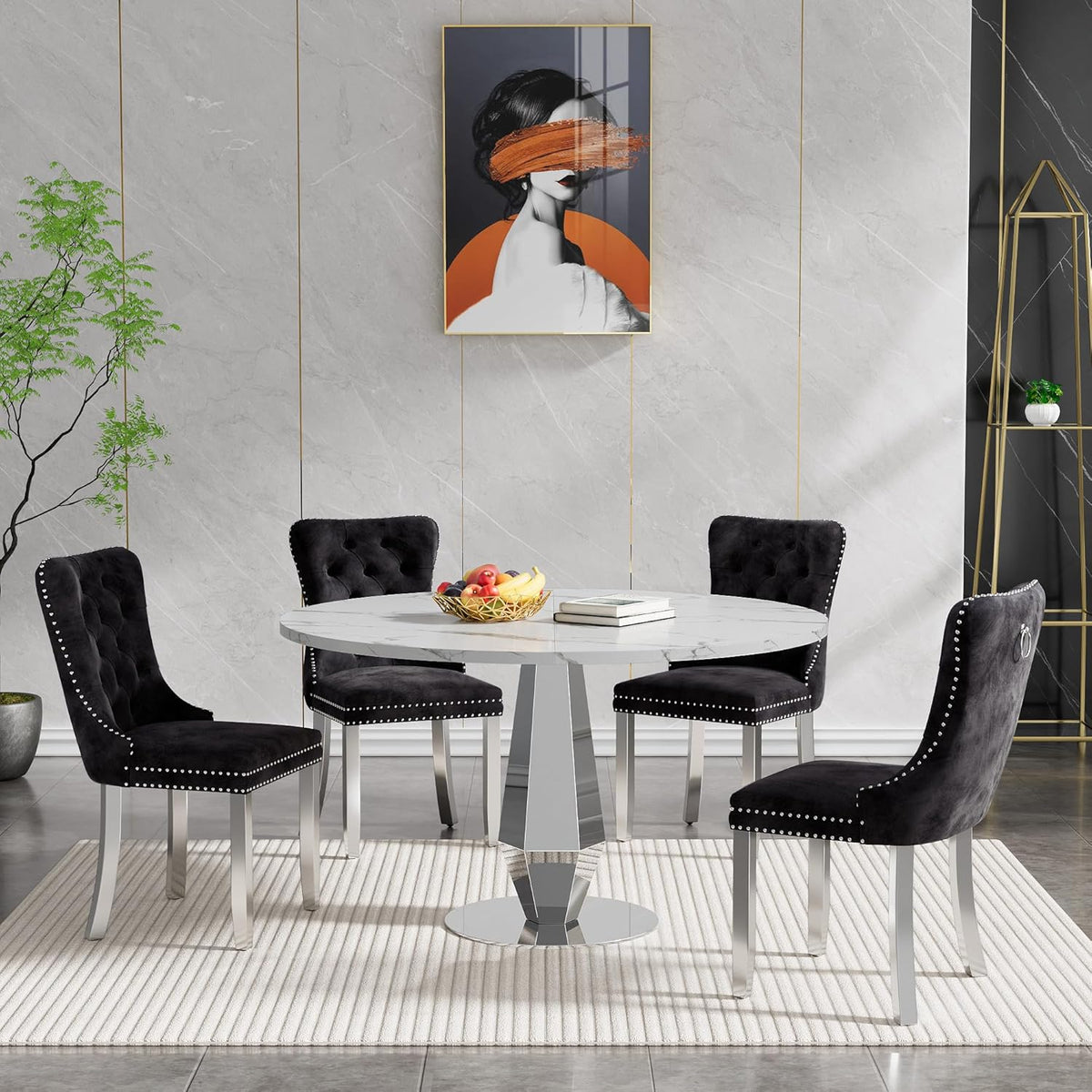Henf Modern Round Dining Table for 4-6 White Silver 47" Faux Marble Kitchen Table with Diamond-Shape Mirrored Stainless Steel Legs, Contemporary Modern Circle Dining Room Table (Table Only)