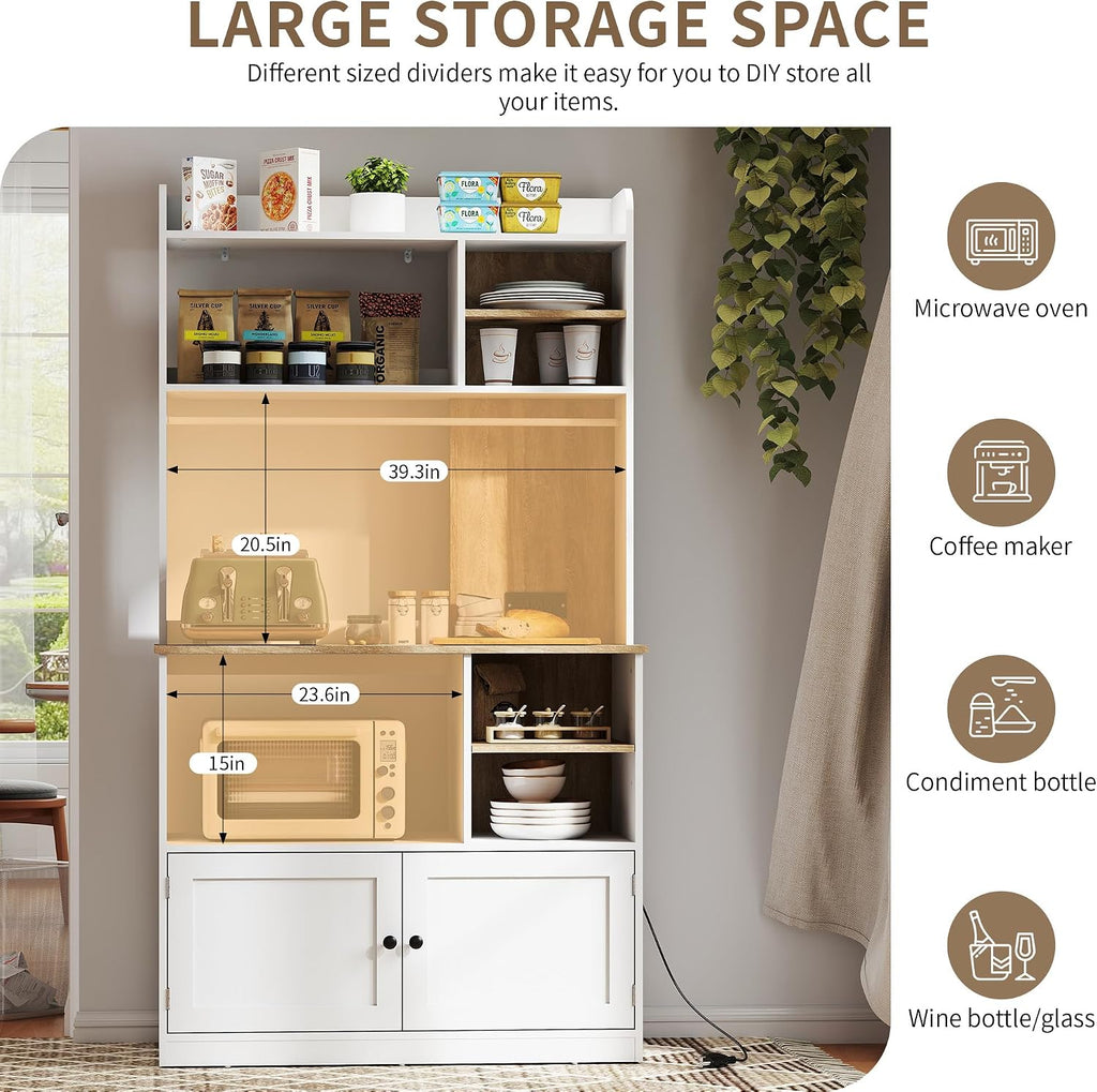 71" Kitchen Pantry Storage Cabinet, Microwave Stand with Storage & Bakers Rack with Power Outlet and Countertop for Living Room, Dining Room, White