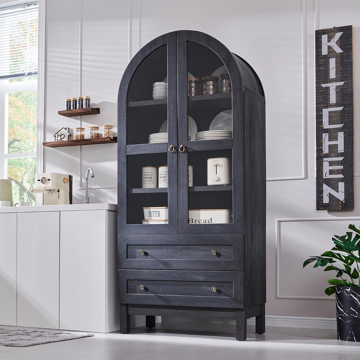 IFGET 71" Tall Arched Kitchen Pantry, Kitchens Storage Cabinets, Grey | Modern Farmhouse Wood Pantry w/2 Large Drawers and Adjustable Shelves, Versatile Cupboard for Kitchen, Dining Room, Bathroom