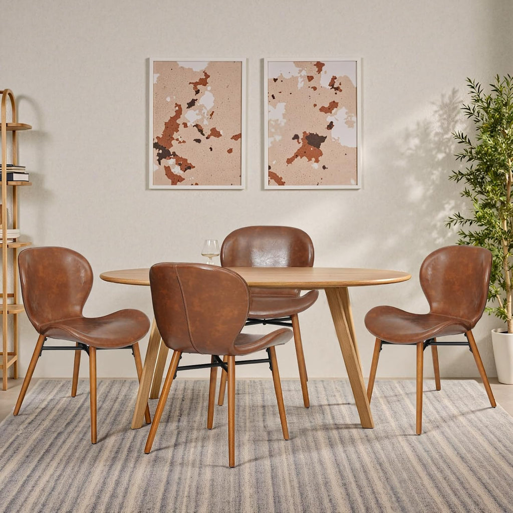 Modern Dining Chair Set of 4, Dining Room Chairs with Thick Cushions | Faux Leather Upholstered Kitchen Armless Side Chairs, Wooden Leg for Home, Kitchen, Brown