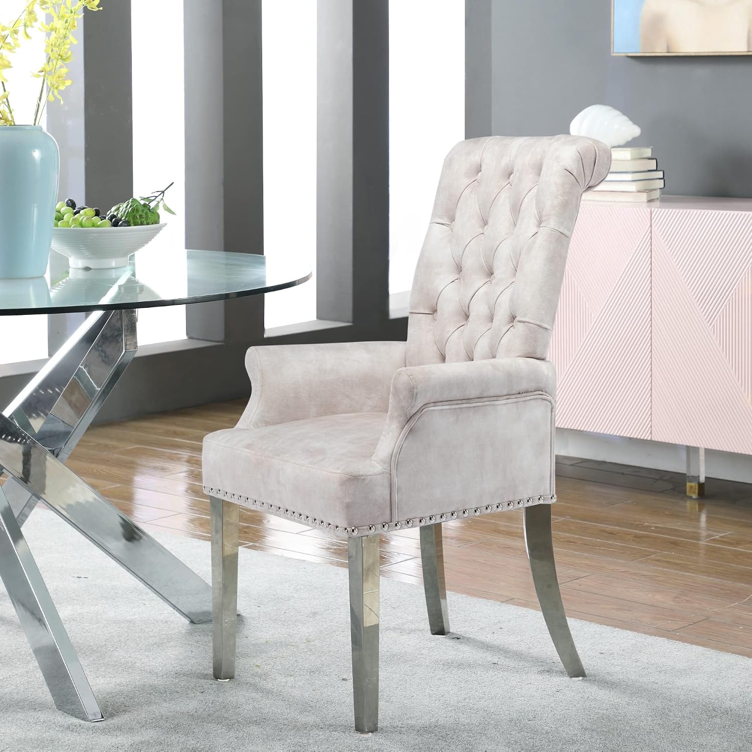 LOULENS Tufted Velvet Armrest Dining Chairs, Modern Upholstered Chairs with Stainless Steel Legs for Dining Room, Kitchen, Living Room, Bedroom, Beige