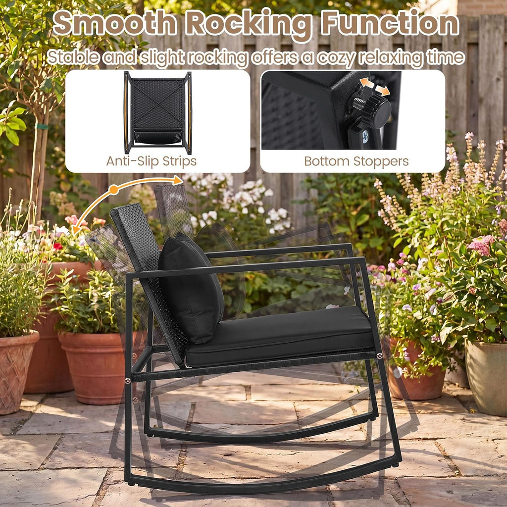 Tangkula 3 Pieces Outdoor Rocking Chairs Set, Rattan Heavy Duty Cushioned Rocker Chairs with Cushions, Pillows, Tempered Glass Table, Metal Frame for Garden, Balcony, Backyard (Black)