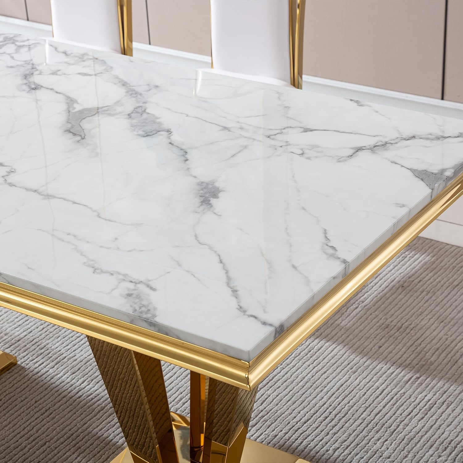 Henf White Gold Faux Marble Dining Table Set for 6, Modern 7-Piece Dining Table Set with 6 Upholstered Chairs, 68" Large Long Marble Kitchen Dining Room Table and Chairs with Stainless Steel Base