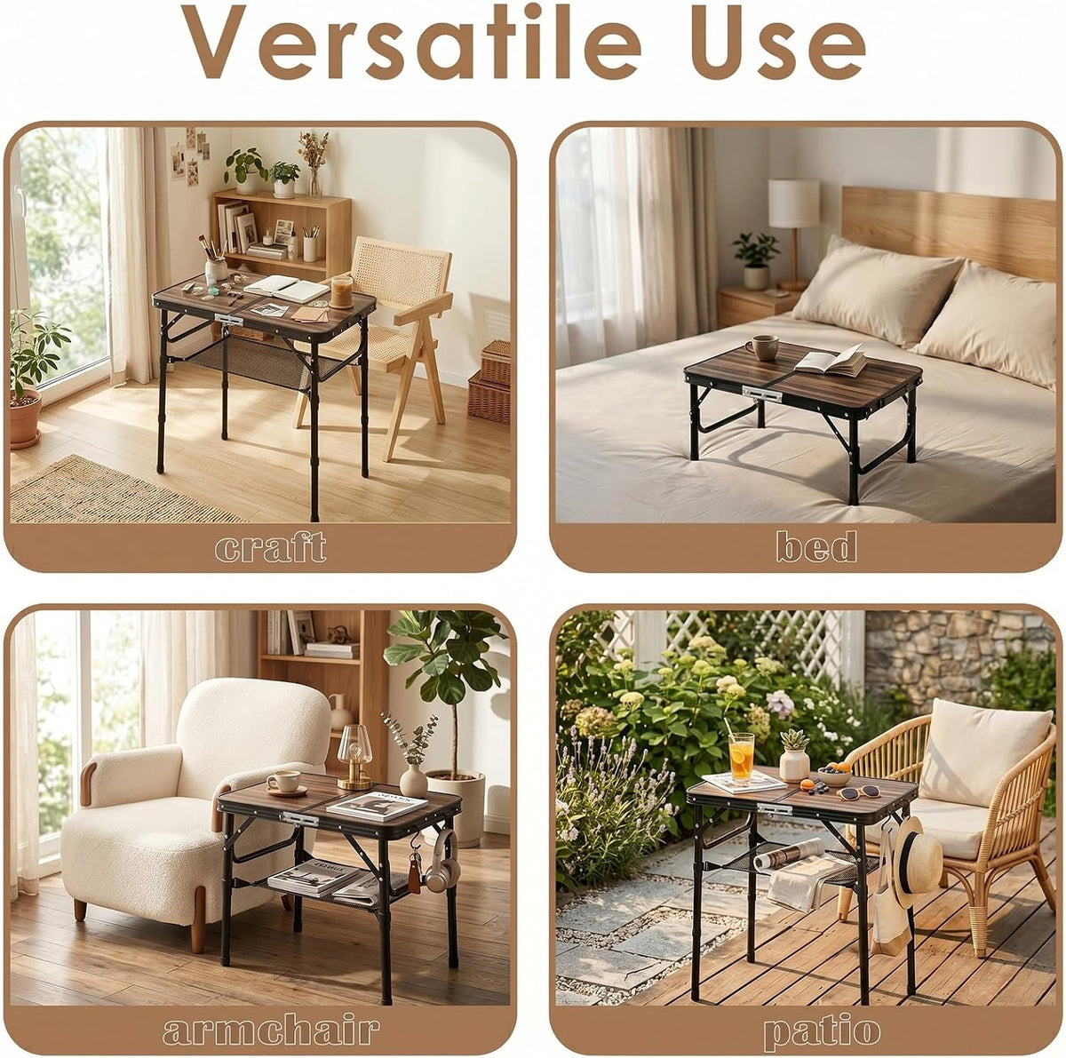 Folding TV Dinner Tray Table, Adjustable Height Sofa Snack Table | Portable Table with Storage Net, Lightweight Aluminum Couch End Table for Living Room, Bedroom, Camping, Patio, Rustic Brown