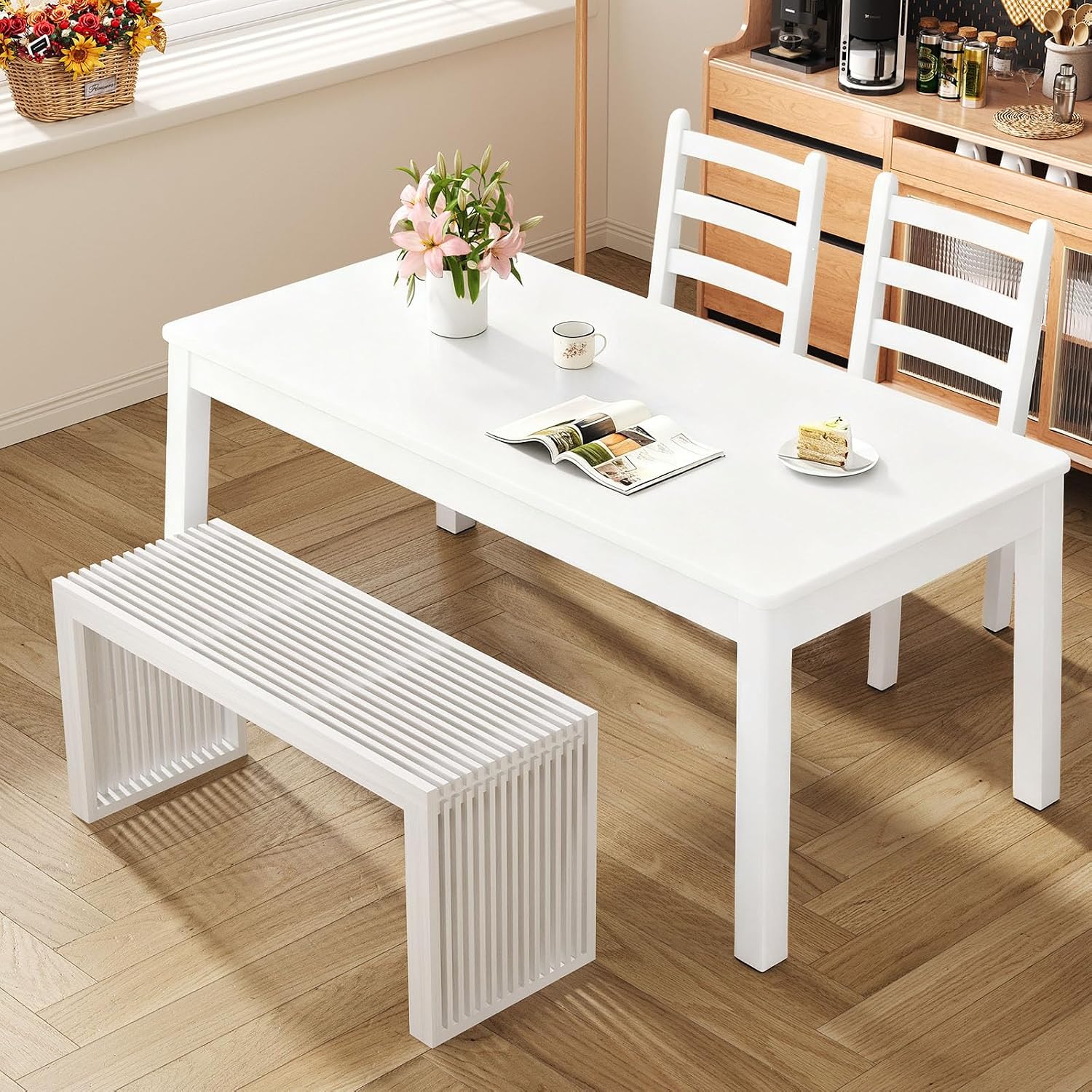 Wisuce Bamboo Dining Bench, 35 inch Entryway Indoor Kitchen Bench, White | Natural Bamboo, 450LBS Weight Capacity, Grille Farmhouse Style, Ideal for entryways, bedrooms, outdoor settings