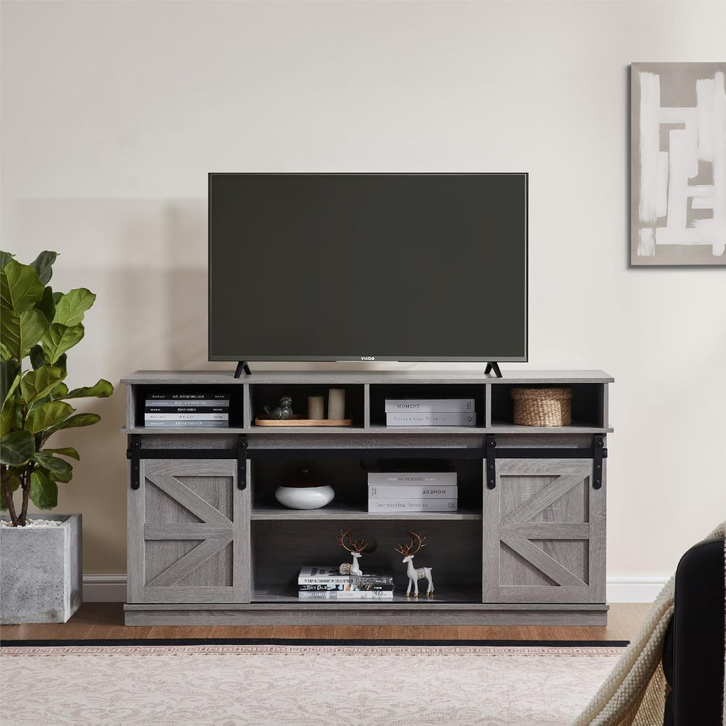 TV Stand Sliding Barn Door Modern&Farmhouse Wood Entertainment Center, Storage Cabinet Table Living Room with Adjustable Shelves for TVs Up to 65" (Gray, Farmhouse with Open Shelf)