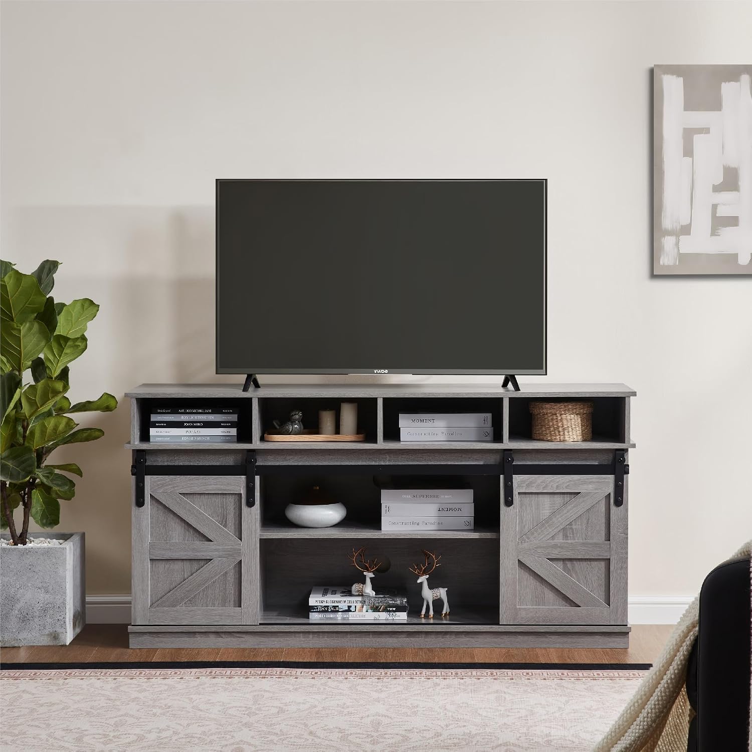 TV Stand Sliding Barn Door Modern&Farmhouse Wood Entertainment Center, Storage Cabinet Table Living Room with Adjustable Shelves for TVs Up to 65" (Gray, Farmhouse with Open Shelf)