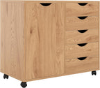 Naomi Home Amy 5-Drawer Rolling Storage Cabinet with Shelves - Natural | 5 Spacious Drawers • Storage Cabinet With 2 Shelves • Smooth-Rolling Casters • Spacious Tabletop • Modern Space-Saving Design