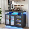 Dystler Coffee Bar Cabinet with Storage, Modern Buffet Cabinet with 3 Drawers and 2 Doors, Sideboard Buffet with Charging Station and Lights, Black