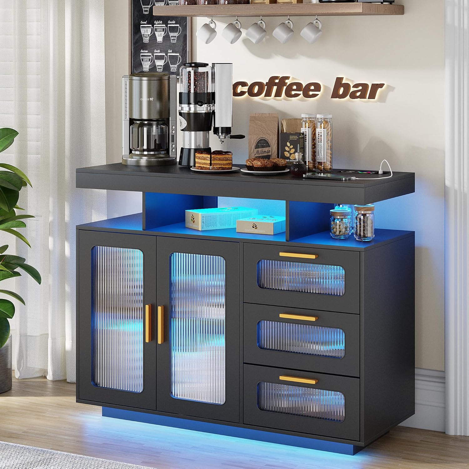 Dystler Coffee Bar Cabinet with Storage, Modern Buffet Cabinet with 3 Drawers and 2 Doors, Sideboard Buffet with Charging Station and Lights, Black