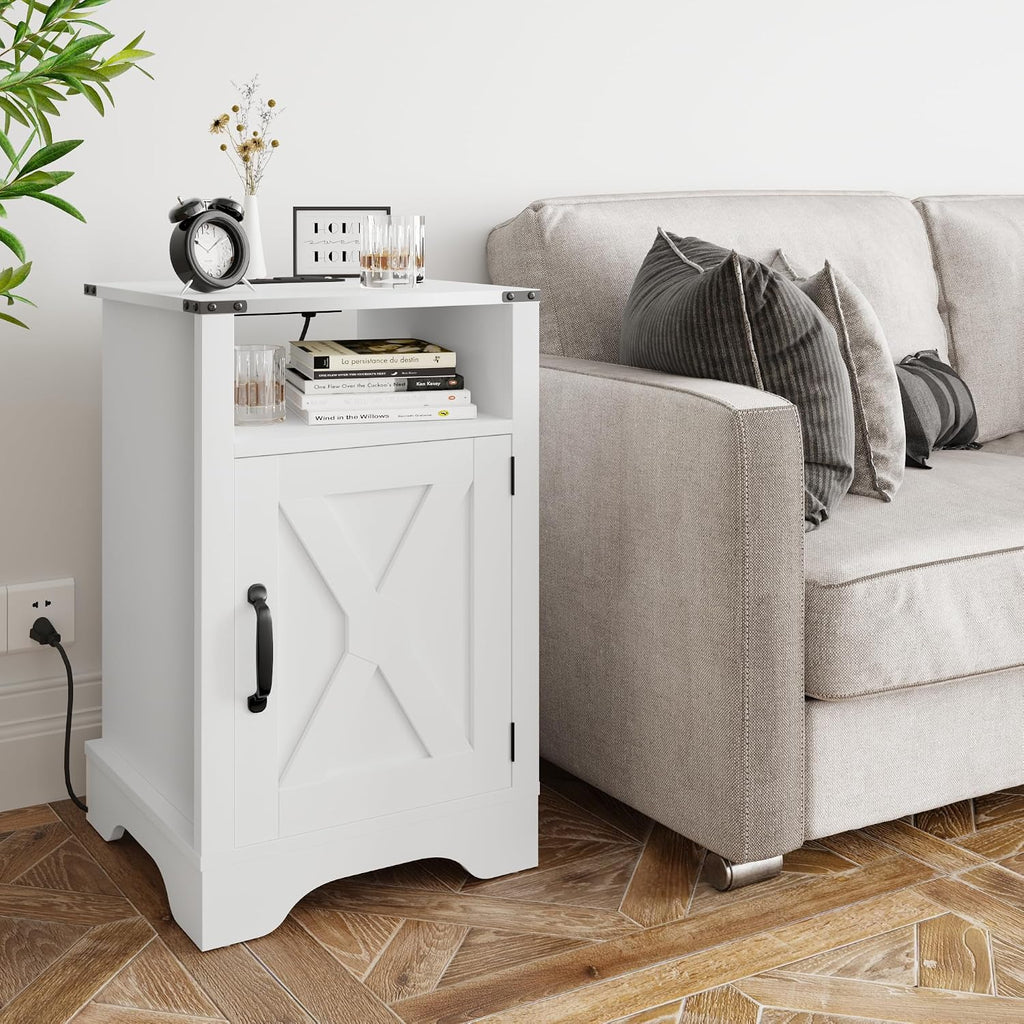 RoyalCraft Farmhouse Nightstand, White End Table for Bedroom | 25" Tall Bedside Table with Charging Station, Wooden Side Table with Large Storage and Shelf for Bedroom, Living Room