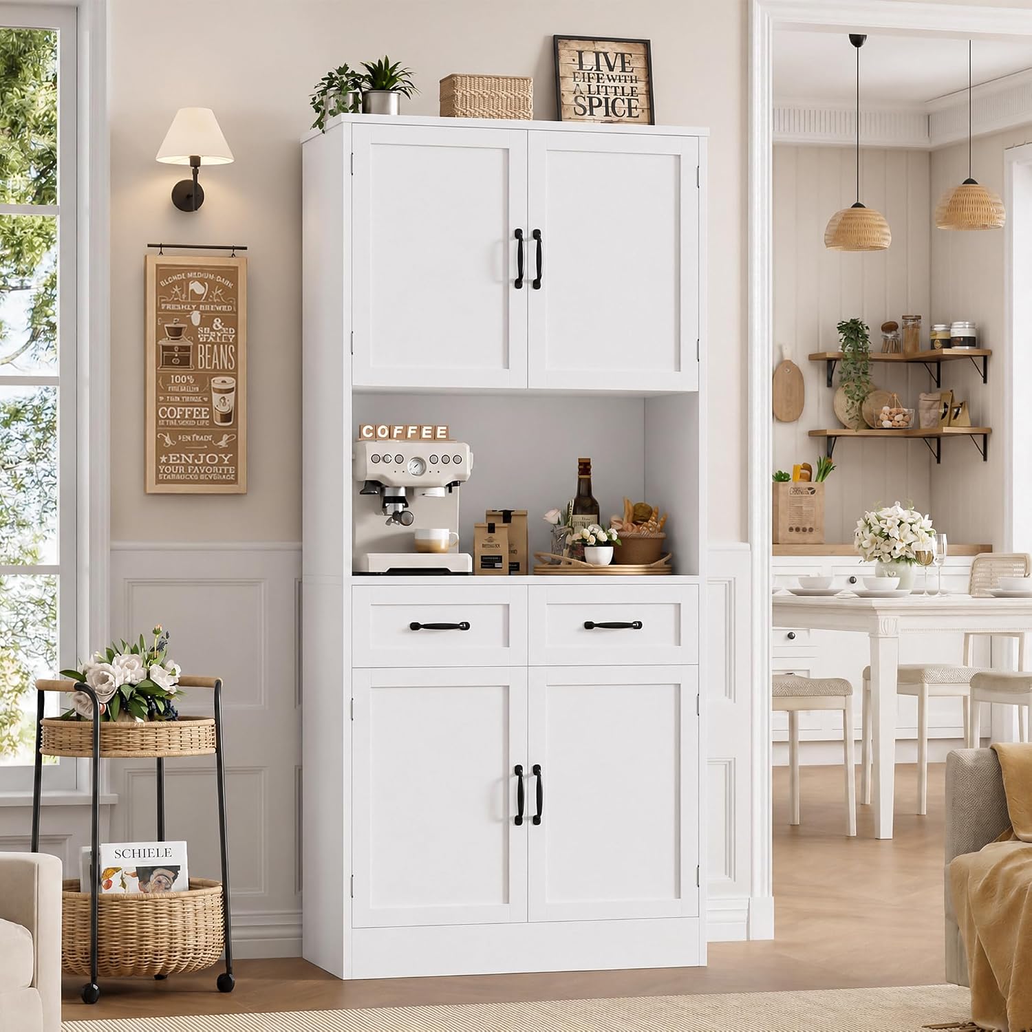 HOSTACK 71" Tall Kitchen Pantry Storage Cabinet, Wood Kitchen Hutch, White | Modern Pantry Cabinet with Microwave Stand, Hutch Cabinet with Countertop & Drawers, Storage Cabinet for Living Room