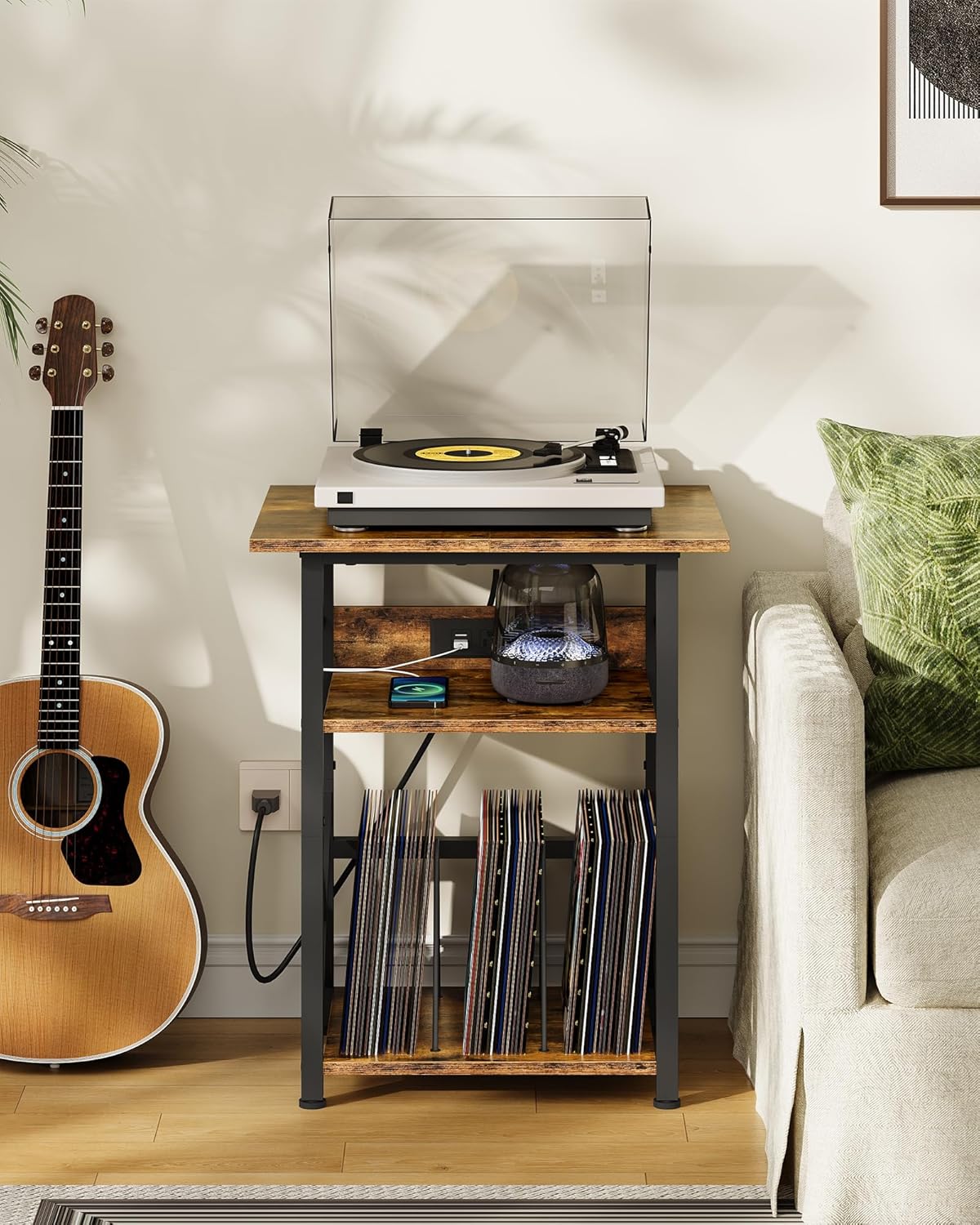 CHOEZON Record Player Stand with Power Outlet, Vinyl Record Storage Side Table, 19" Large Tabletop, Charging Station & Crossed Frame Design for Turntable, Rustic Brown and Black TBZ48UBF