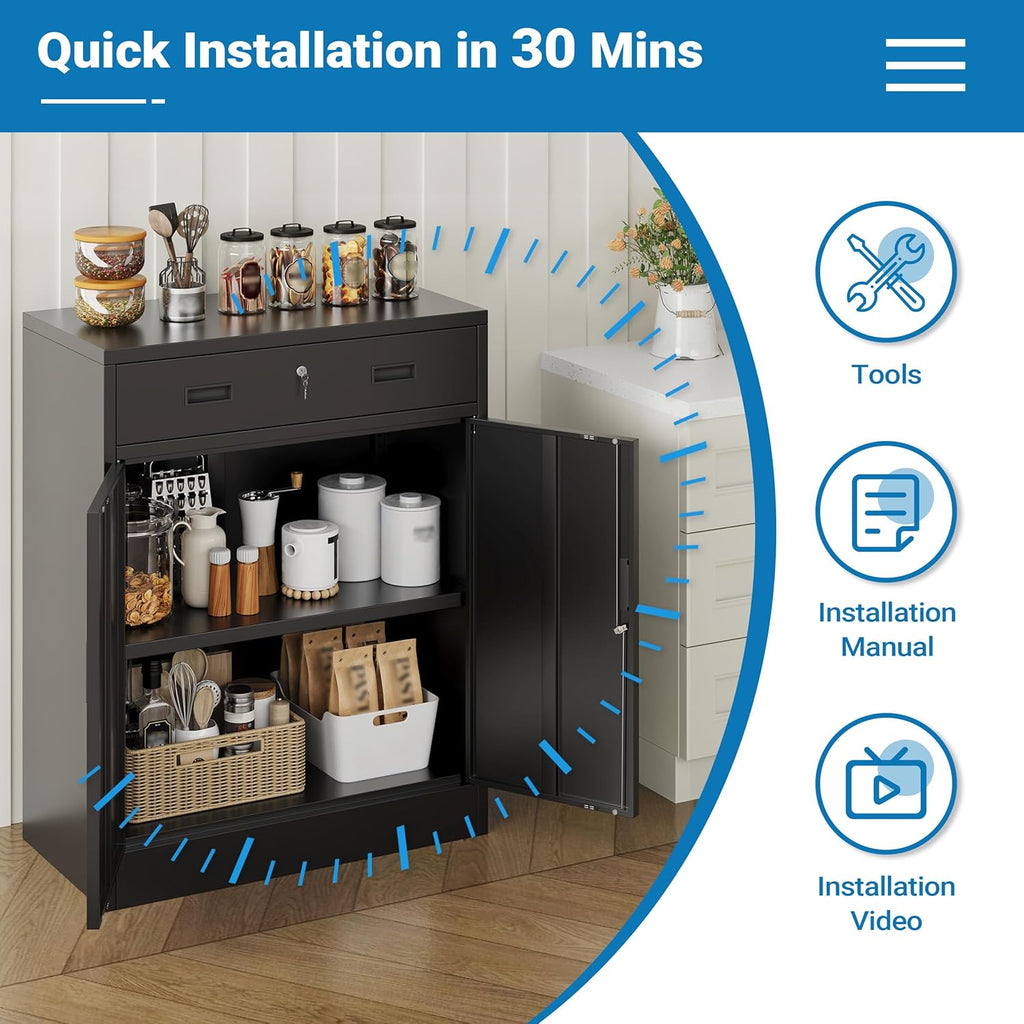 Metal Storage Cabinet, 36" Locking Steel Cabinet with 1 Drawers and 1 Adjustable Shelves for Garage, Home, Office, Kitchen (Black, 36" H x 28" W x 16" D)