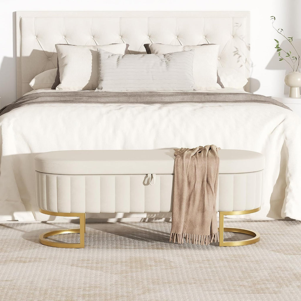 Storage Ottoman Bench, 45" Velvet End of Bed Bench Bedroom Bench with Golden Metal Legs, Upholstered Storage Bench for Bedroom Living Room Entryway and Window, Beige