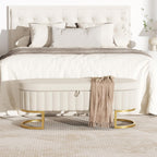 Storage Ottoman Bench, 45" Velvet End of Bed Bench Bedroom Bench with Golden Metal Legs, Upholstered Storage Bench for Bedroom Living Room Entryway and Window, Beige