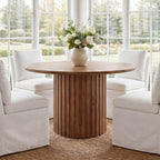 Reclaimed Round Pedestal Dining Table for 4-6 People, 47 Inch Wood Farmhouse Kitchen Table with Fluted Base, Rustic Circular Dining Table for Dining Room, Kitchen & Restaurant, Walnut