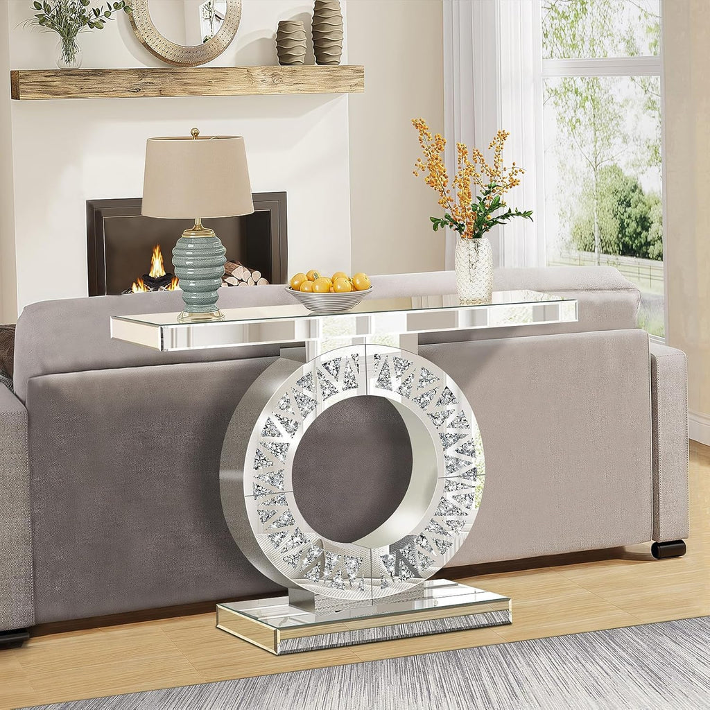 Modern Mirrored Entryway Console Tables with Crushed Diamond Inlay, 39.4" Long Silver Hallway Table for Entryway, O-Shaped Base Luxury Glass Foyer Table for Home Decor