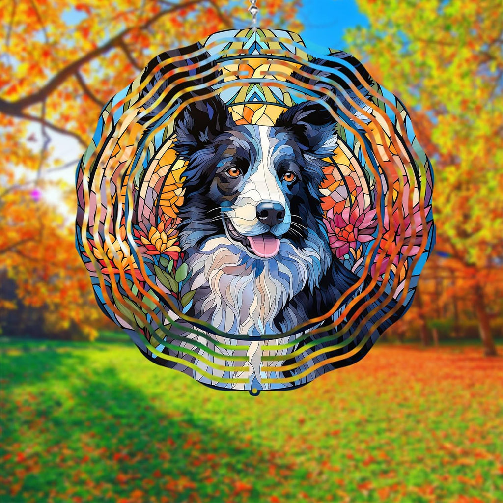 Border Collie Wind Spinner Pet Dog Memorial Gifts 3D Aluminum Metal Kinetic Hanging Wind Sculpture Spinners for Yard and Garden Indoor Outdoor Window Garden Decoration 8 Inch (Border Collie 1)