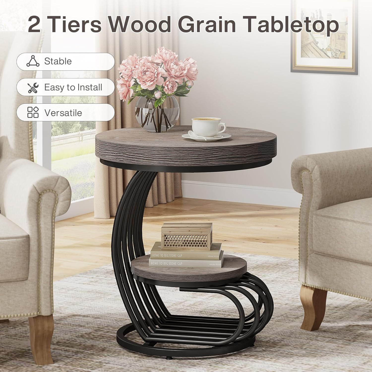 Tribesigns Round End Table, 2-Tier Farmhose Wood Side Table with Shelf Storage, Small Sofa Side Bedside Nightstand, Arc-Shaped Frame Accent Furniture for Living Room, Grey