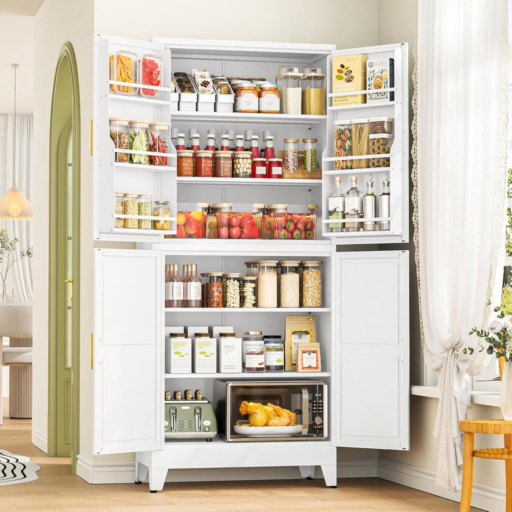 GAIOUS 74.8" Tall Metal Food Cabinet, White Kitchen Pantry Cabinet Cupboard | Food Storage, Kitchen Organizer, Storage Cabinet with 4 Door and 4 Adjustable Shelves, Steel Freestanding, for Dining Living