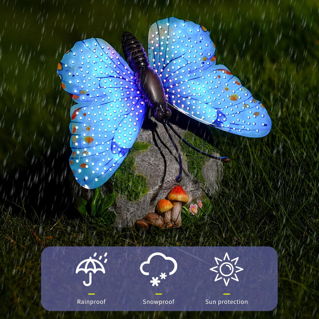 WSgift Solar Butterfly Garden Statue Weatherproof Outdoor Hand-Painted Decor Butterfly Resin Figurine Blue