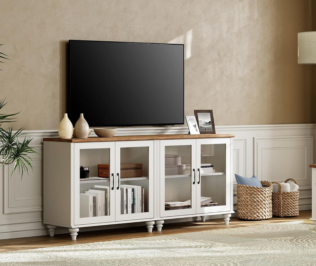 WAMPAT Farmhouse TV Stand for 75 inch TV with 4 Glass Doors, Wood TV Stand with 4 Storage Cabinets, White Entertainment Center TV Console Table for Living Room, Bedroom