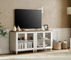 WAMPAT Farmhouse TV Stand for 75 inch TV with 4 Glass Doors, Wood TV Stand with 4 Storage Cabinets, White Entertainment Center TV Console Table for Living Room, Bedroom