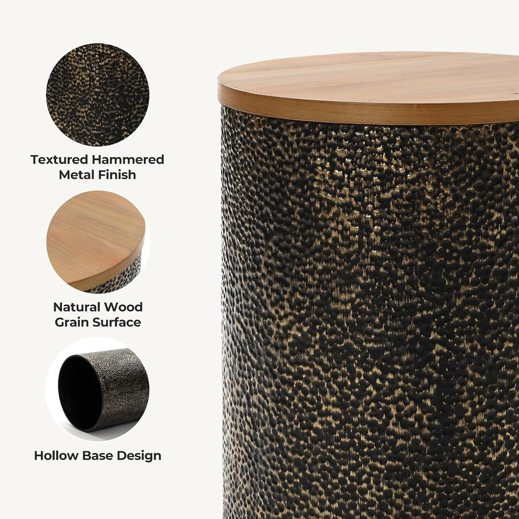 LuxenHome Round Side Table, 20" Black and Gold Metal Base with Wood Top,Small Accent Stool End Table for Small Place,Bedside Nightstand for Living Room, Bedroom, Office, Bathroom