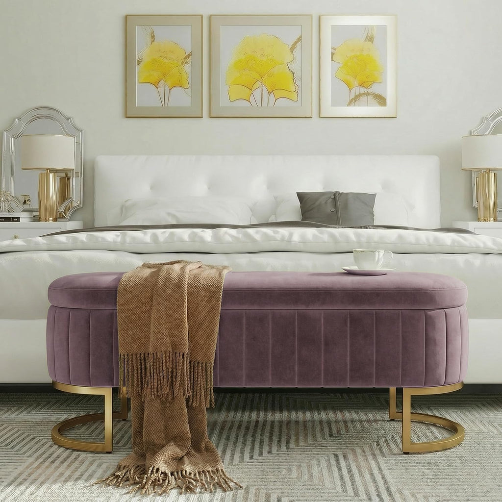 51" Velvet Storage Ottoman Bench End of Bed for Bedroom Entryway Purple | Velvet Large Storage Solid Wood with Metal Leg 300 lbs Weight