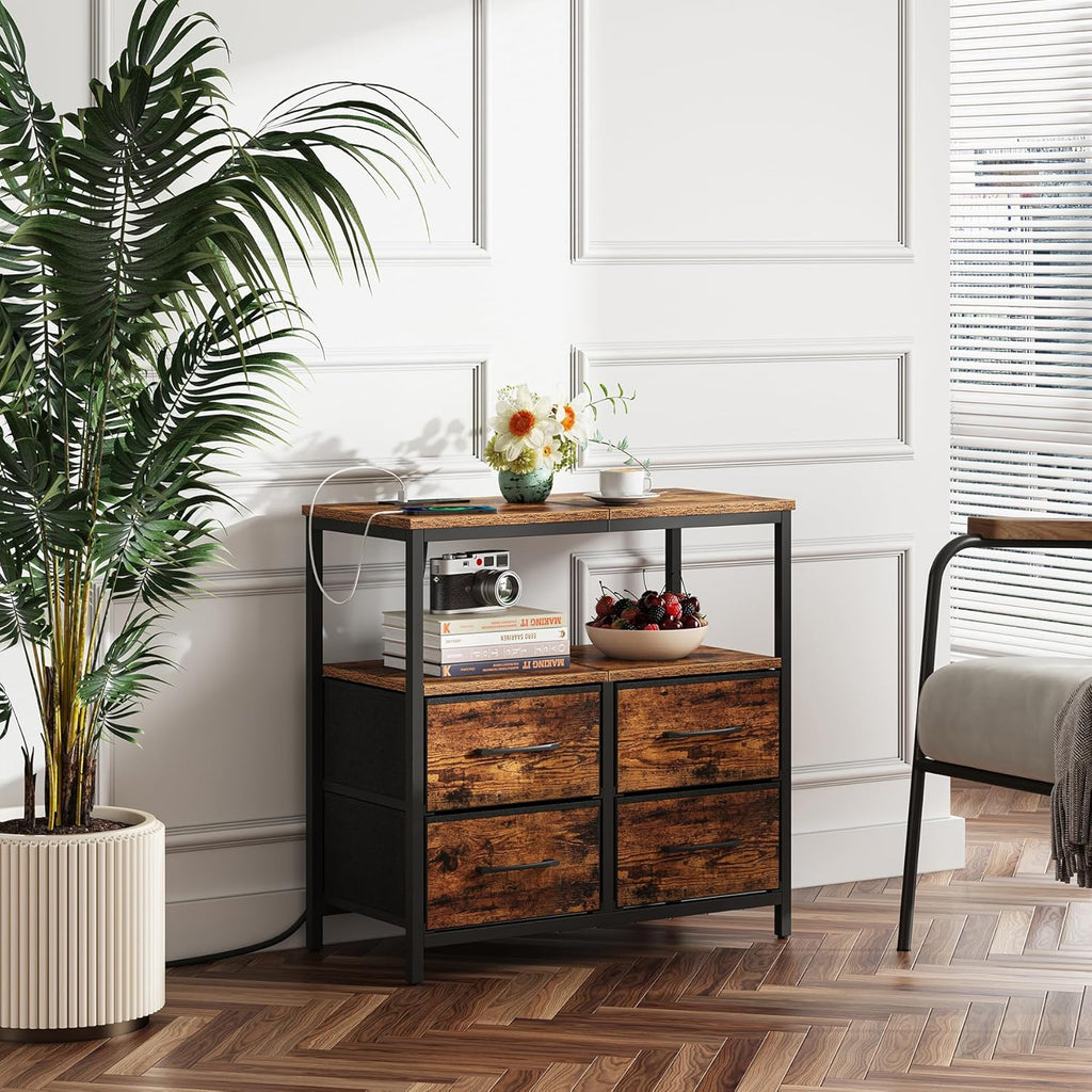 TUTOTAK Large Night Stand with Charging Station, Nightstand with USB and Type-C Port, Bedside Table with Cloth Drawers, End Table for Livingroom, Bedroom, Brown TB01BB081