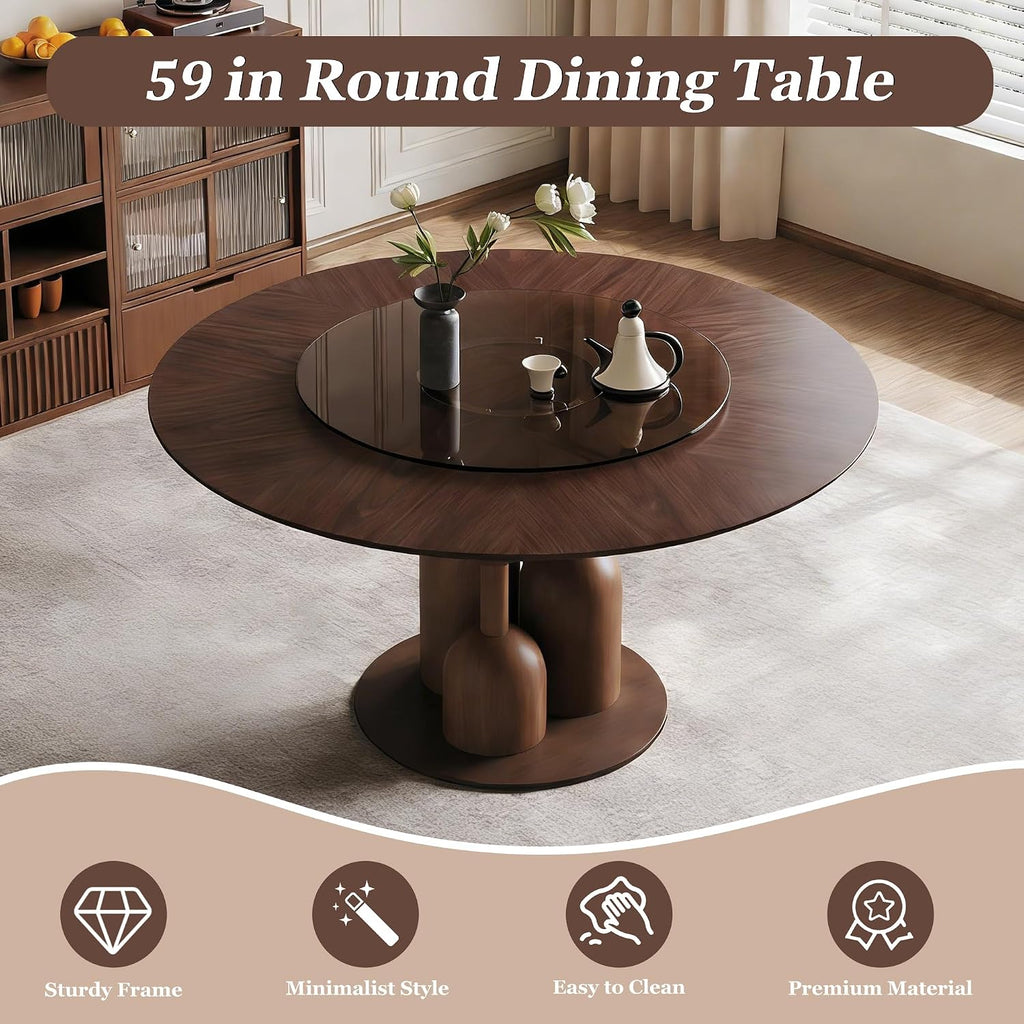 Montary 59-inch Natural Oak Wabi-Sabi Round Dining Table with 35-inch Tempered Glass Lazy Susan, Handcrafted Japanese Style Sculptural Solid Wood Dining Table for Living Room & Restaurant
