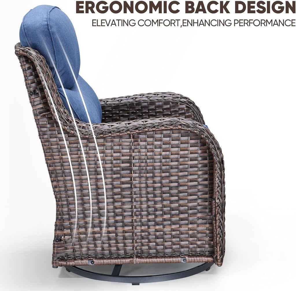 Swivel Patio Chairs sofa Set of 4 with 6" Thick Cushion - Wicker Outdoor Swivel Rocker Patio Chair ,Sofa/Glass coffee table, High Back Comfortable Outdoor Glider Chairs - Brown Wicker | Blue Cushions