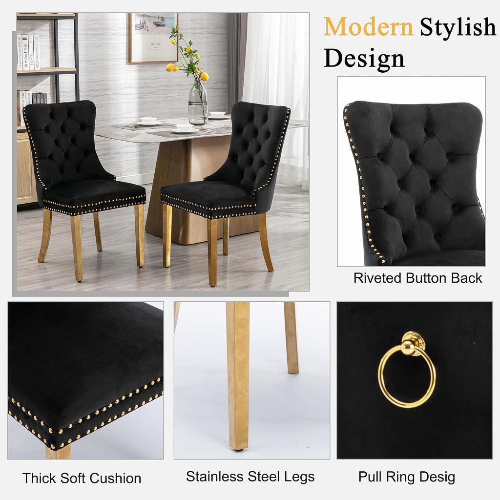 Round Glass Dining Table Set for 4, Small Kitchen Table Set for 4, 47" Circle Gold Glass Dinner Table for 4 with Black Velvet Chairs, 5 Piece Dining Room Table Set for 4 for Breakfast Dinette Cafe