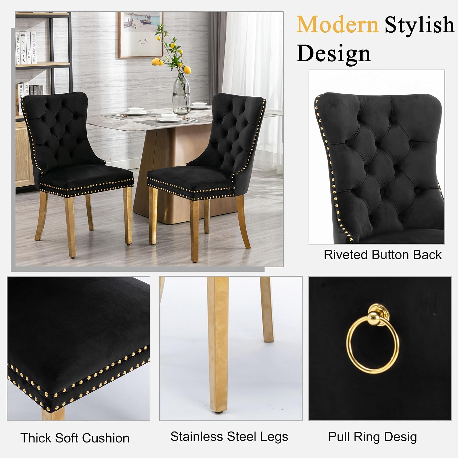 Round Glass Dining Table Set for 4, Small Kitchen Table Set for 4, 47" Circle Gold Glass Dinner Table for 4 with Black Velvet Chairs, 5 Piece Dining Room Table Set for 4 for Breakfast Dinette Cafe