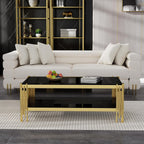 Henf 3-Piece Black Glass Living Room Table Set, 2-Tier Glass Coffee Table & 2 End Tables, Luxury Gold Coffee Table Set of 3 with Shining Golden Frame for Living Room Apartment Office